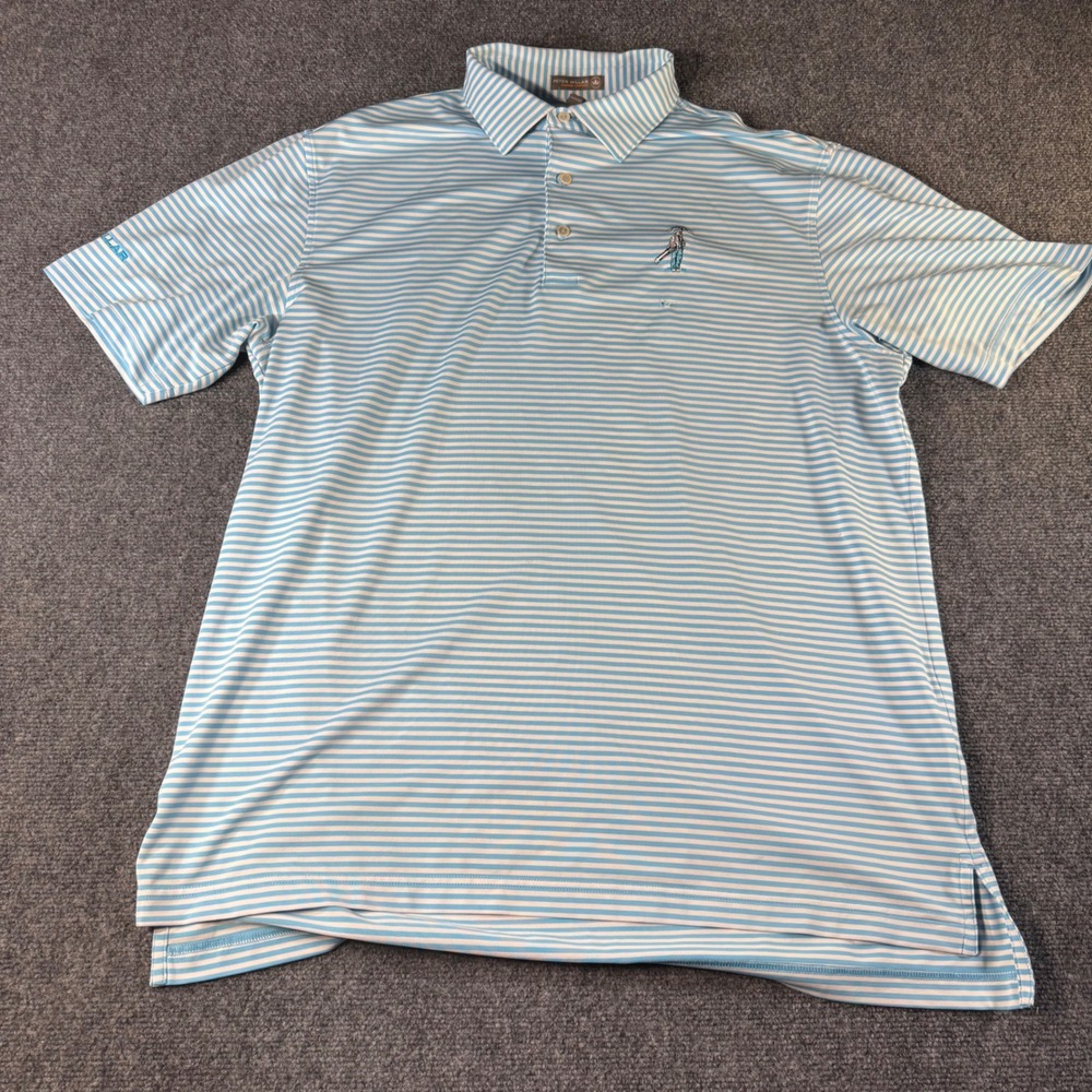 Peter Millar Summer Comfort Mens Large Blue White Striped Golf Polo Shirt